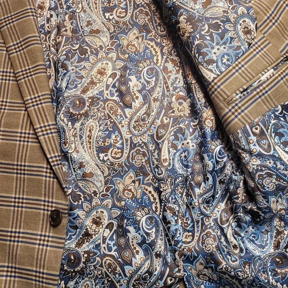 Alan Flusser Mens Paisley Lined 2-Button Blazer Jacket Beige Brown Checked EUC - Picture 6 of 13